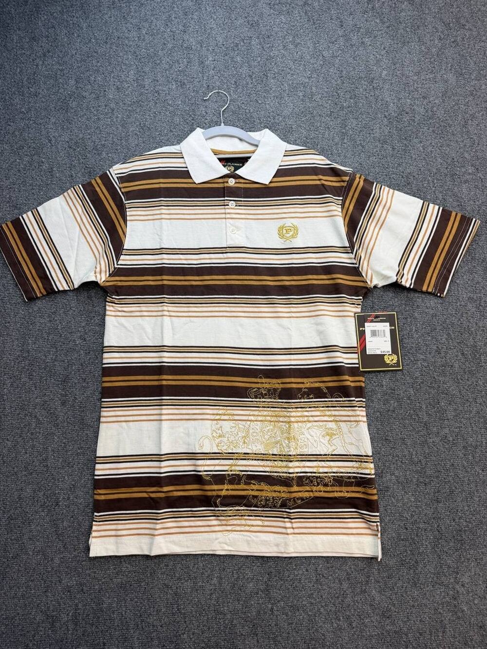 PHAT Classics Men's M Brown Gold Striped Cotton Polo Shirt Crest Graphic NWT